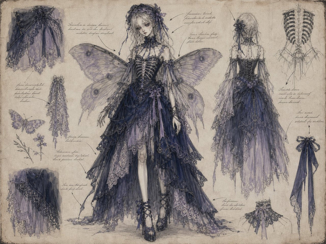 Gothic moth-wing dress design sheet, front and back