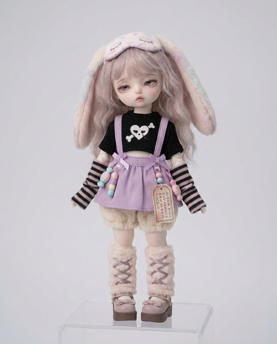 Lullaby Bunny BJD doll wearing the pastel goth outfit
