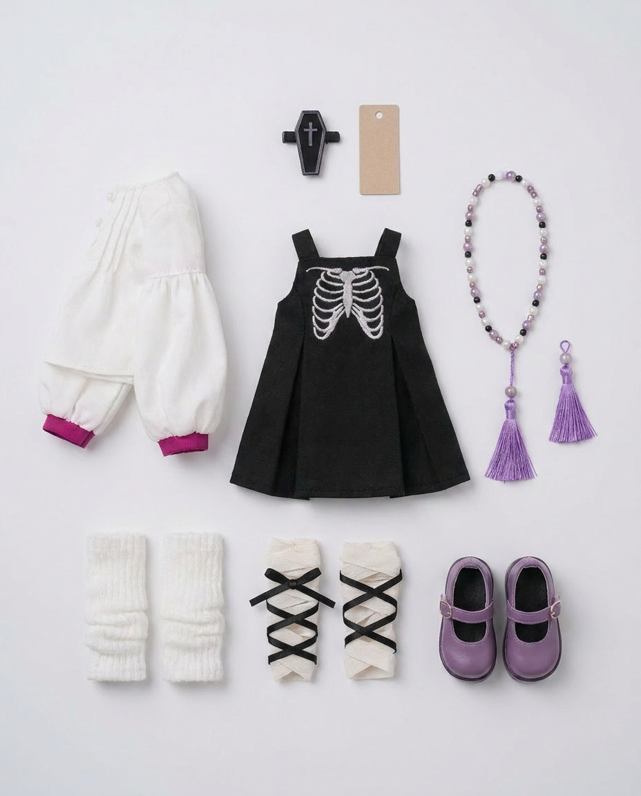 Emberfox outfit flat-lay - pinafore, blouse, leg warmers, shoes