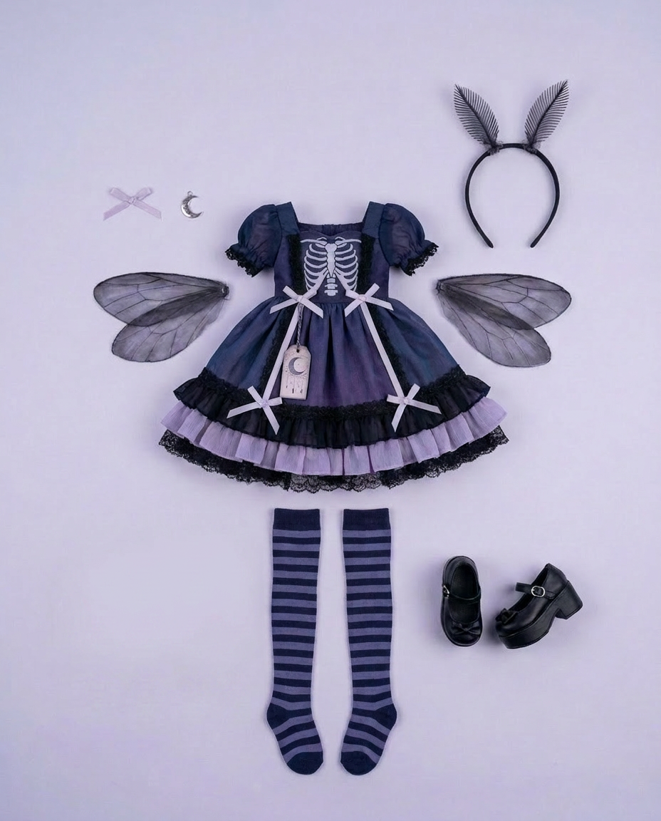 Moonspirit pastel-goth BJD doll outfit — flat-lay of all garment pieces (dress, striped tights, one pair of shoes, moth wings, bunny-ear headband, charms)