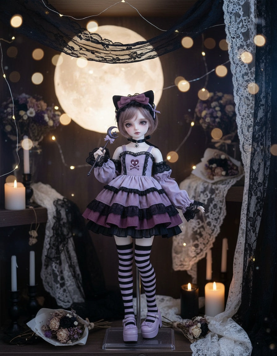 Nightcat pastel goth magical-girl BJD doll outfit displayed in a dark-kawaii moonlit scene with candles, lace and a paper moon — Hollow Lullaby collection by MOONMOTH ATELIER