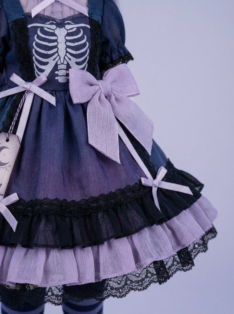 Moonspirit pastel-goth BJD doll outfit — bodice, bow and layered lace skirt detail