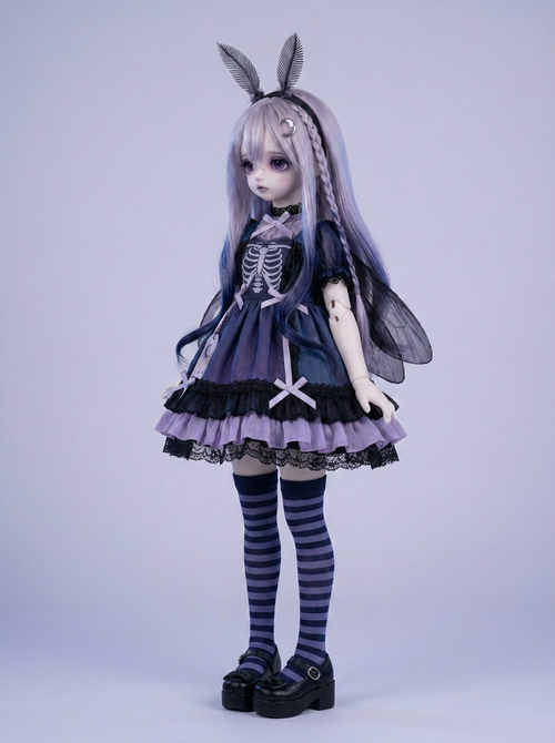 Moonspirit pastel-goth BJD doll outfit — three-quarter side view, full body