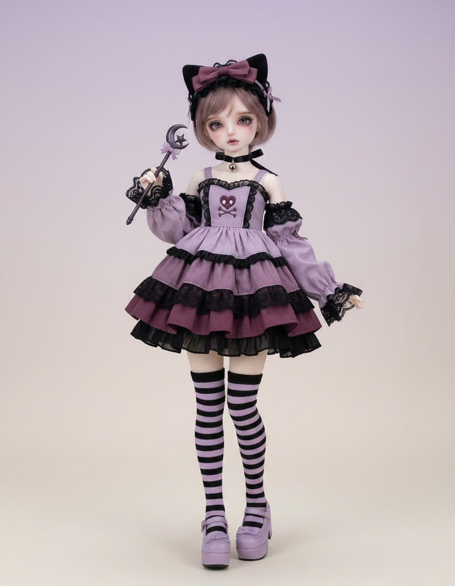 Nightcat pastel goth magical-girl BJD outfit on a 1/6 ball-jointed doll — tiered ruffle dress, cat-ear bow headband and crescent-moon wand, clean studio product photo