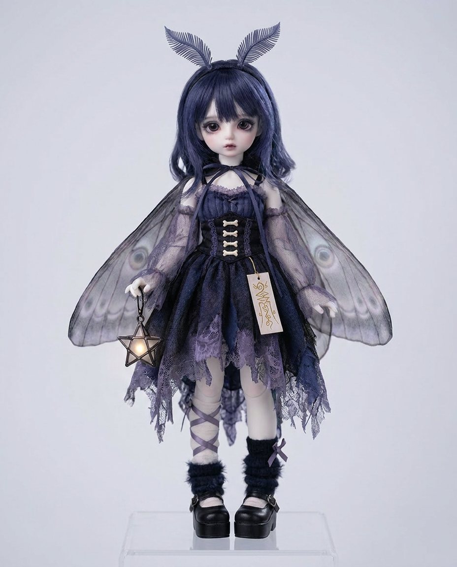 Mothlace BJD doll wearing the indigo moth lace dress