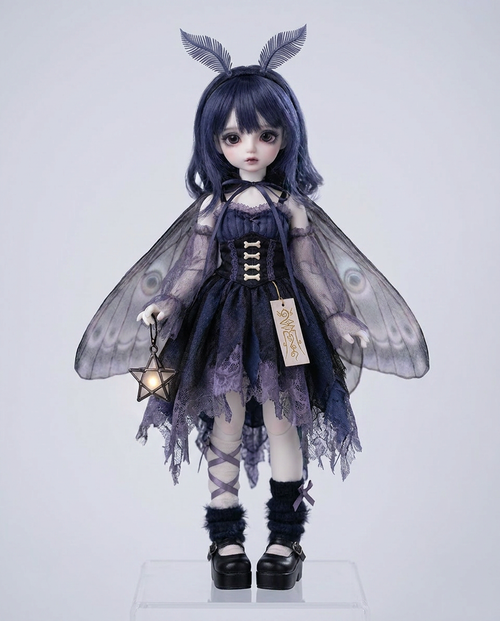 Mothlace BJD doll wearing the indigo moth lace dress