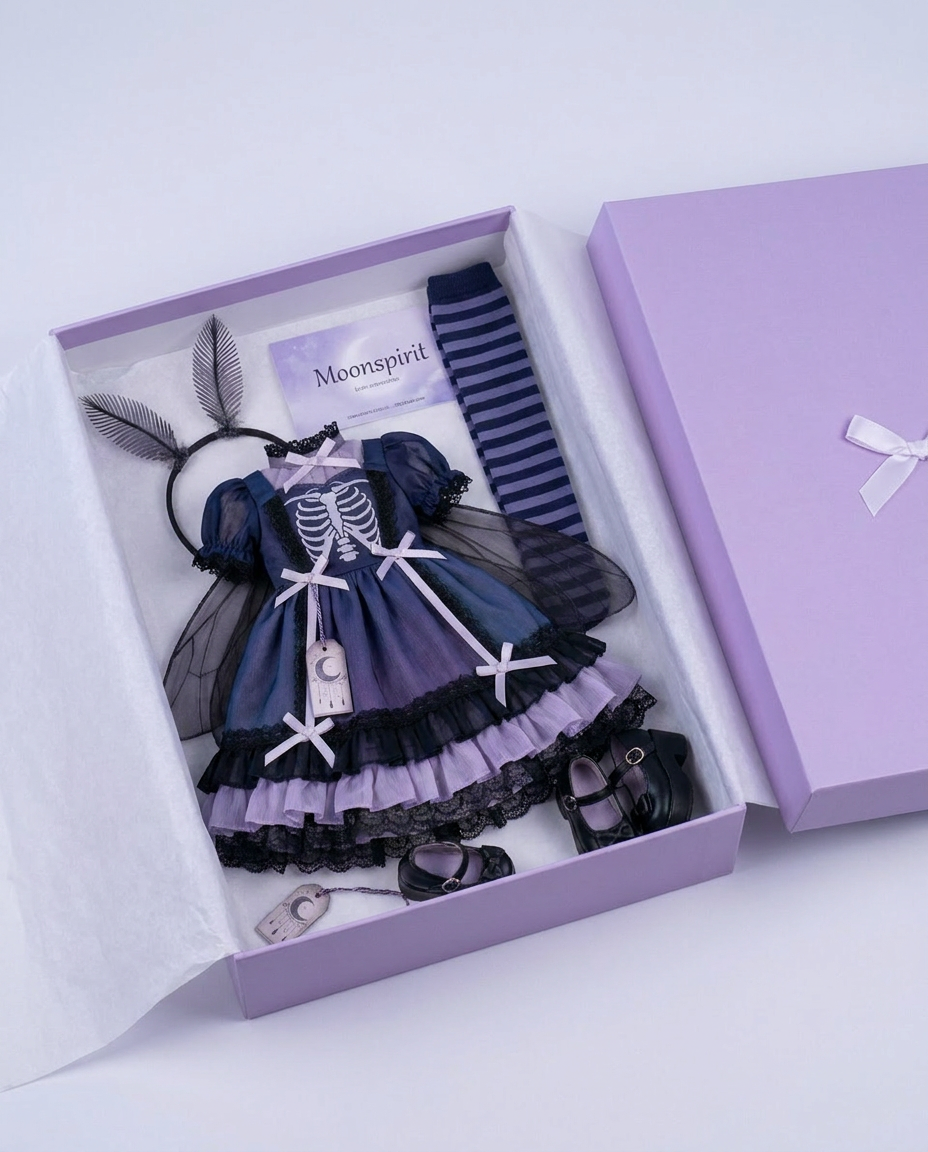 Moonspirit pastel-goth BJD doll outfit — gift box presentation with outfit and accessories