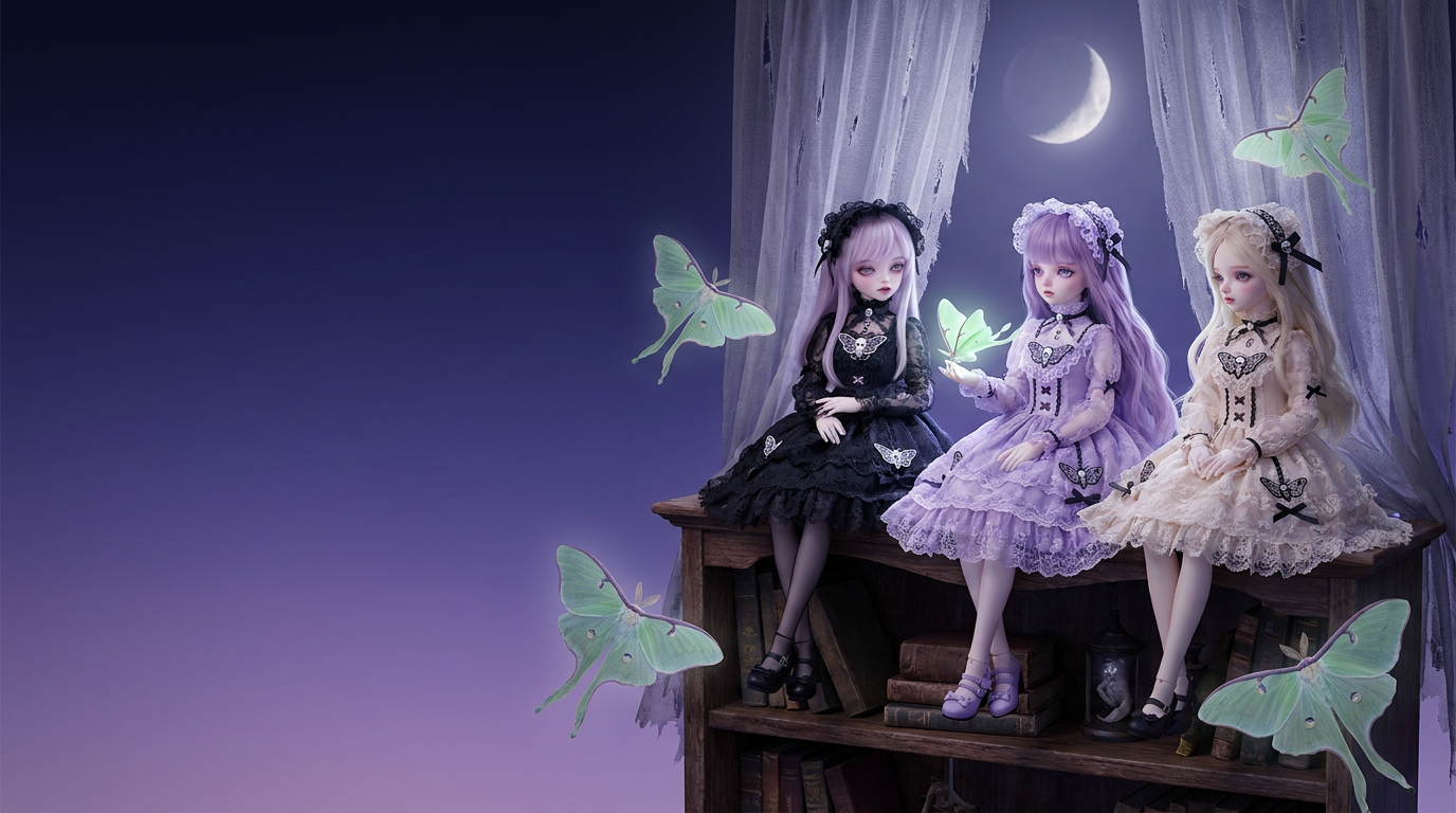 Hollow Lullaby hero - moonlit pastel-goth BJD doll shelf