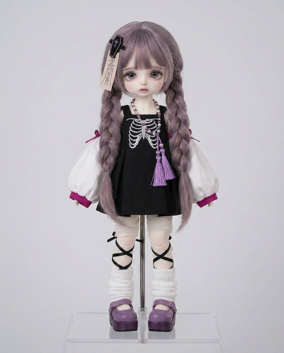 Emberfox BJD doll wearing the pastel goth skeleton pinafore outfit
