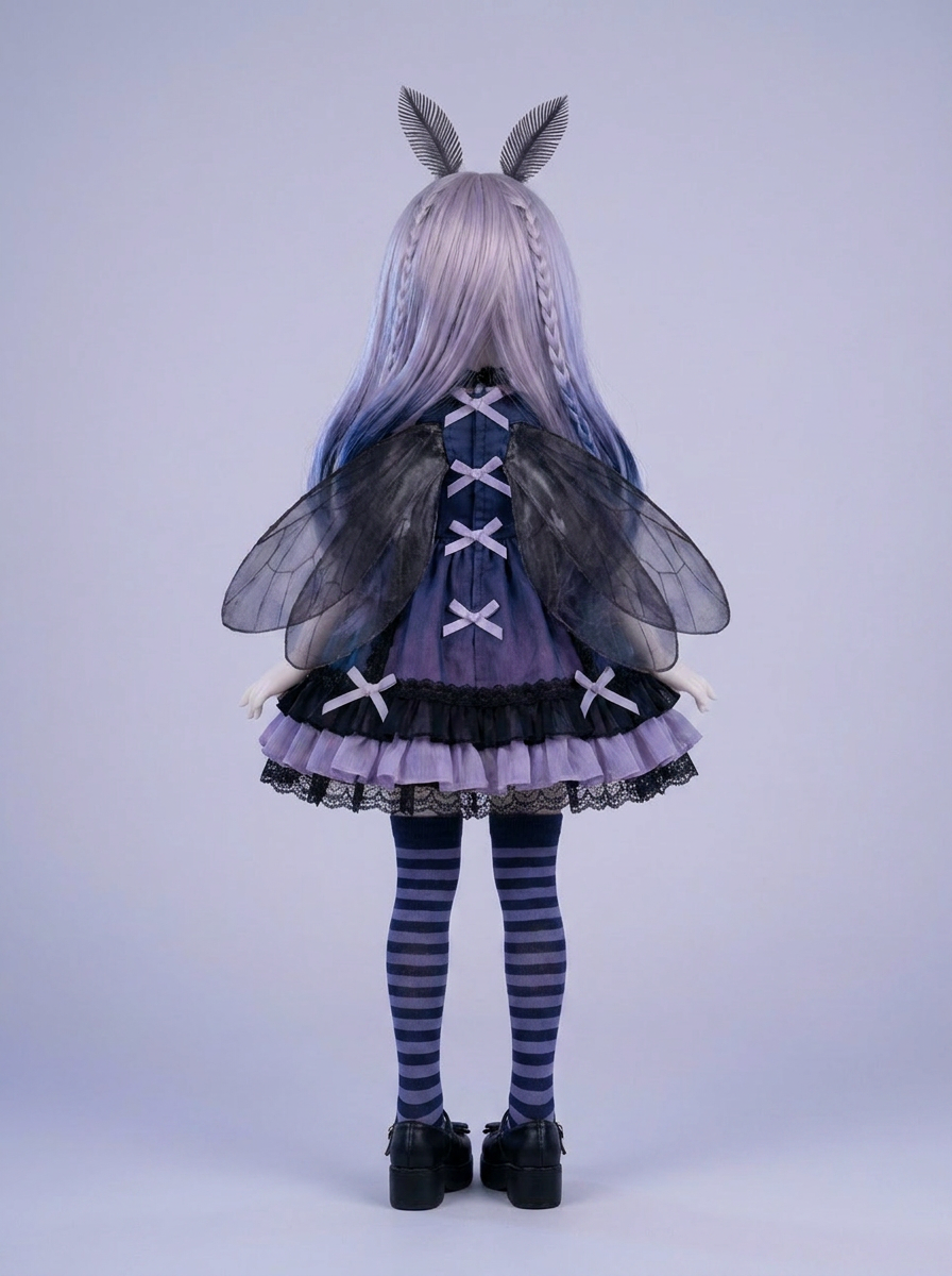 Moonspirit pastel-goth BJD doll outfit — back view with moth wings and lace dress