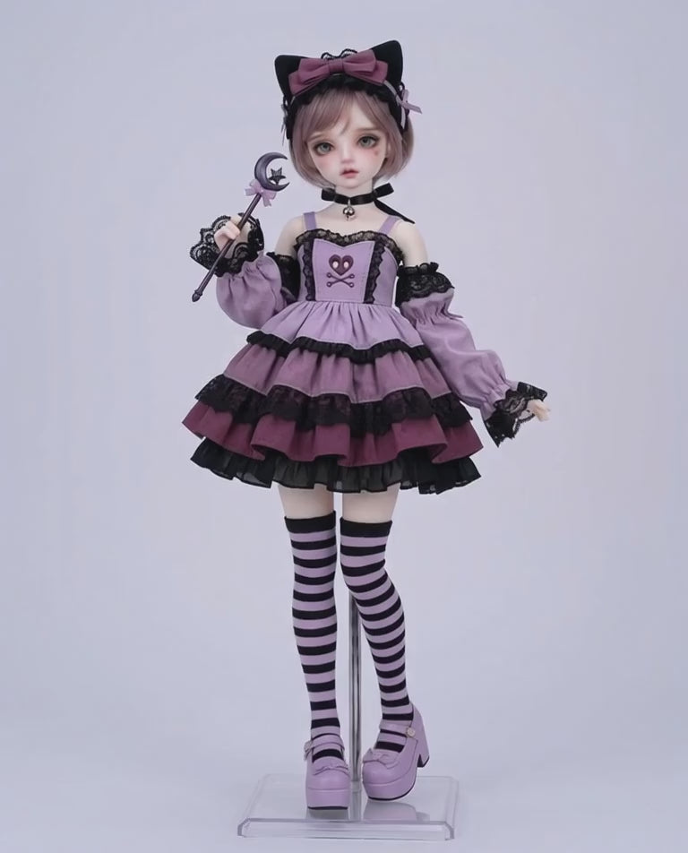 Nightcat pastel goth magical-girl BJD doll outfit — cinematic demo video with soft moonlit motion, Hollow Lullaby collection